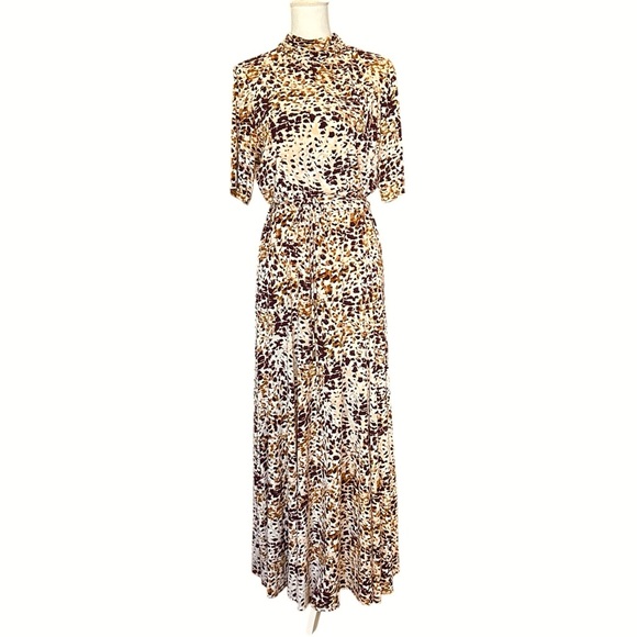 CALVIN KLEIN Maxi Dress Short Sleeve High Neck Tan/Maroon Leopard Print sz L - Picture 1 of 10